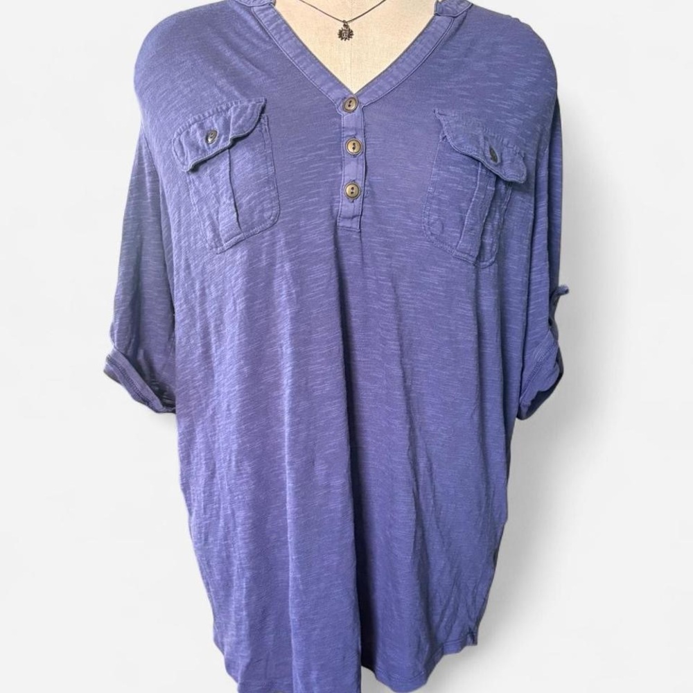 Just My Size Purple 3/4” Sleeve V Neck Button Blouse Cuffed Sleeves Women’s 1X